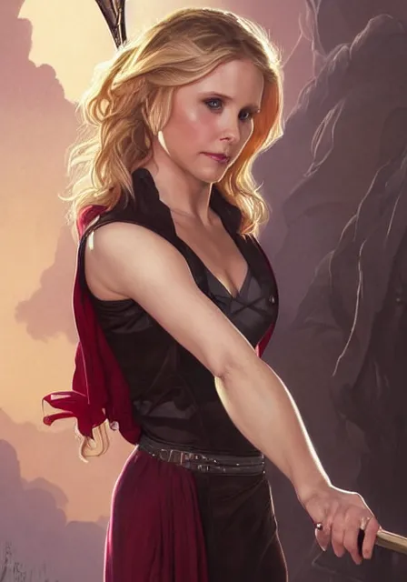 Image similar to kristen bell as buffy the vampire slayer, intricate, elegant, highly detailed, digital painting, artstation, concept art, smooth, sharp focus, illustration, art by artgerm and greg rutkowski and alphonse mucha and william - adolphe bouguereau