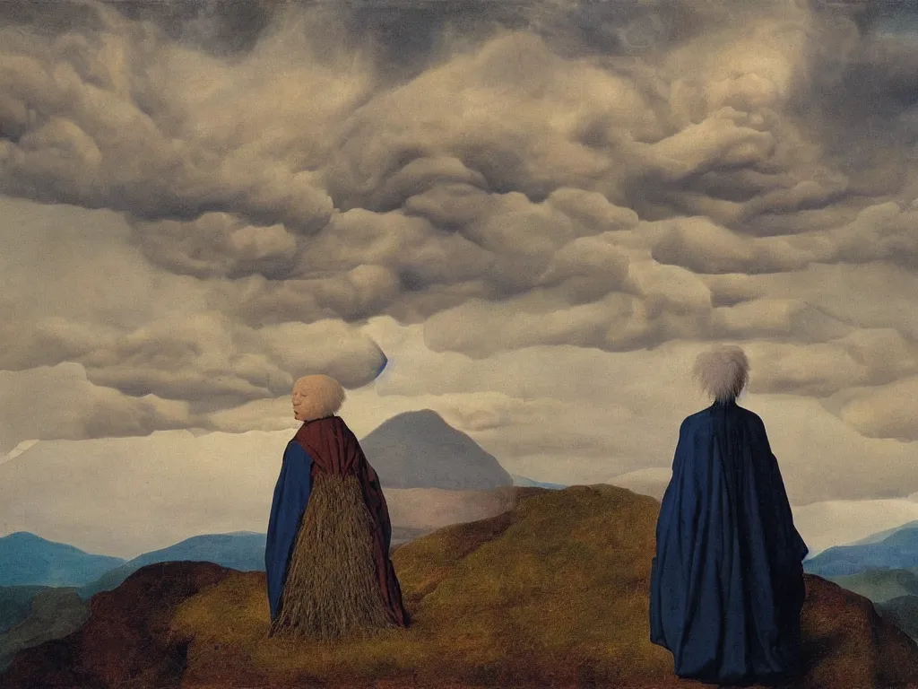 Image similar to albino mystic, with his back turned, looking at a storm over over the mountains in the distance, with strange hallucination, optical illusion. Painting by Jan van Eyck, Audubon, Rene Magritte, Agnes Pelton, Max Ernst, Walton Ford