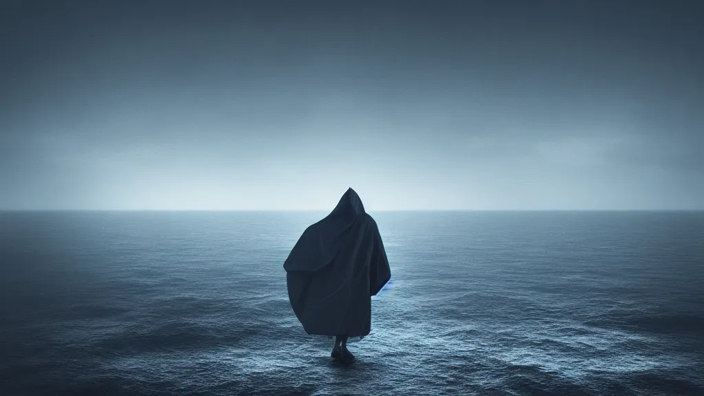 Image similar to dark mysterious hooded figure hovering above a dark ocean, 8K, concept art, cinematic, blue, black, gray, filmic, HDR, hyperrealism, volumetric lighting