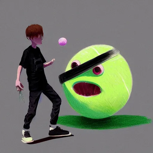 Image similar to highly detailed vfx portrait of a character of a skateboarding tennis ball monster, skateboard stephen bliss, chalk, unrealengine, greg rutkowski, loish, rhads, beeple, chalk, makoto shinkai and lois van baarle, ilya kuvshinov, rossdraws, tom bagshaw, basil gogos