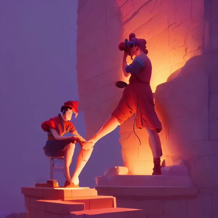 Prompt: a stonemason working on a statue, vibrant colors, atey ghailan, delphin enjolras, goro fujita, makoto shinkai, rim light, exquisite lighting, octane render, very coherent, trending on artstation