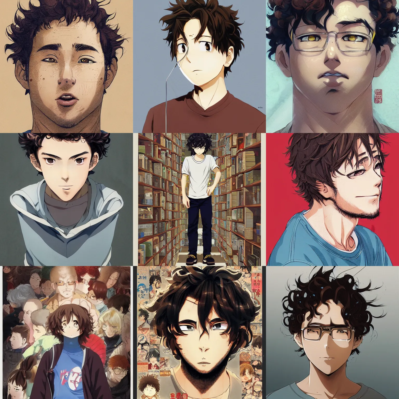 Prompt: An anime portrait of a mid-sized anime man with very short curly brown hair, chubby face, brown eyes, no glasses, wearing a t-shirt, his whole head fits in the frame, by Stanley Artgerm Lau, WLOP, Rossdraws, James Jean, Andrei Riabovitchev, Marc Simonetti, and Sakimi chan, trending on artstation