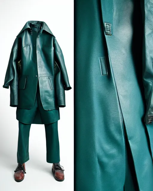 Image similar to an award - winning editorial photo of a teal cropped extremely baggy ancient medieval designer menswear leather jacket with an oversized large collar and baggy bootcut trousers designed by alexander mcqueen, 4 k, studio lighting, wide angle lens