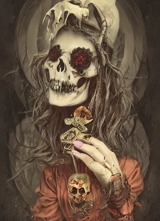 Image similar to Alice in Wonderland,smoking a pipe,death tarot card,highly detailed,half skull face,cinematic,8k,by Stanley Artgermm,Tom Bagshaw,Greg Rutkowski,Carne Griffiths, Ayami Kojima, Beksinski, Giger,trending on DeviantArt,hyper detailed,horror, full of colour