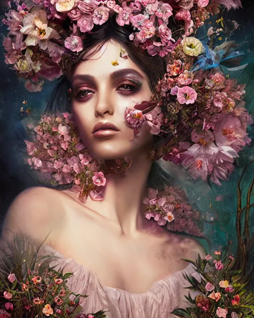 Image similar to portrait of the arabic queen of the underworld, surrounded by flowers by karol bak, james jean, tom bagshaw, rococo, sharp focus, trending on artstation, cinematic lighting, hyper realism, octane render, 8 k, hyper detailed.