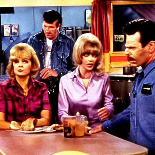 Prompt: screenshot of the sad family in Al's diner from 70s comedy TV show unhappy days