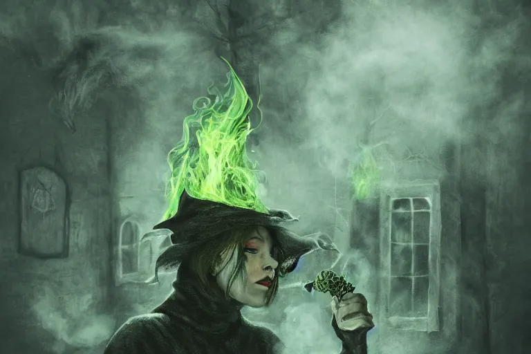 Image similar to close shot of a witch brewing in her lair, depressing, gloomy, tired, detailed, witch hat, dungeon, green smoke, fire, smoke, realism, realistic, hyper detailed, green lighting, ambient lighting, smoke, haze, bokeh, acrylic, digital painting,