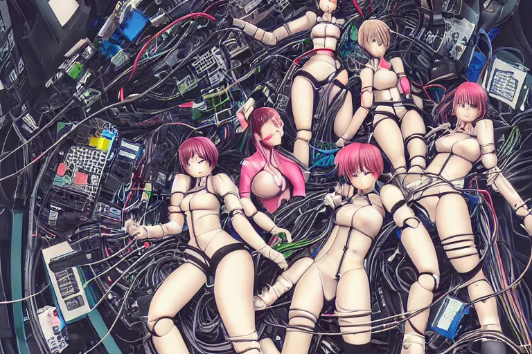 Image similar to cyberpunk anime illustration of a group of female android dolls lying on an empty white background in various poses with their bodies open showing a mess of wires and cables coming out, by katsuhiro otomo and masamune shirow, hyper-detailed, colorful, beautiful, manga, bird view