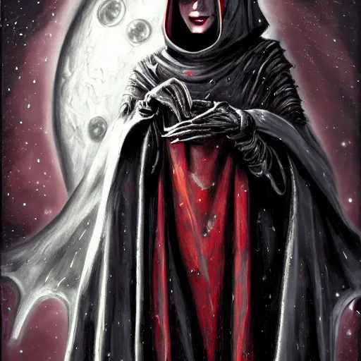 Image similar to tall thin gray - skinned brooding space elf priestess in ornate hooded long red cloak, on space station, highly detailed, mike mignogna, comic book, science fiction, dark tones, dark, rough paper, oil painting