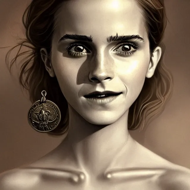 Prompt: cute anthropomorphic coin with emma watson on it, smiling, perfect face, silver skin, cinematic, elegant, highly detailed, psychedelic, digital painting, artstation, smooth, hard focus, illustration, art by jessica rossier and and brian froud