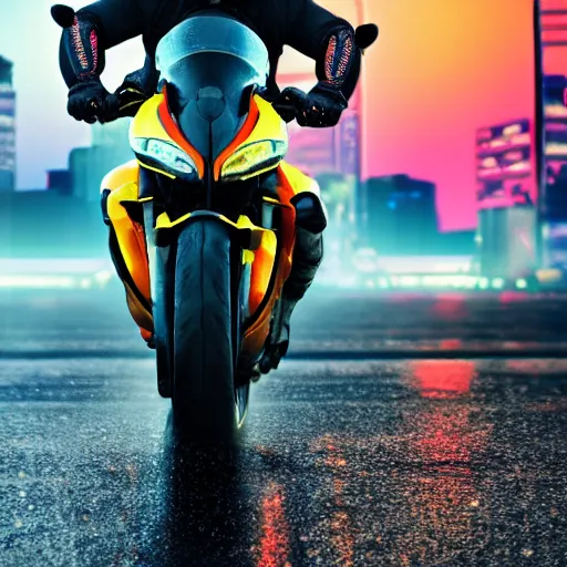 Image similar to sportbike rider standing in a city, rain, 4k, (synthwave), trending on artstation,