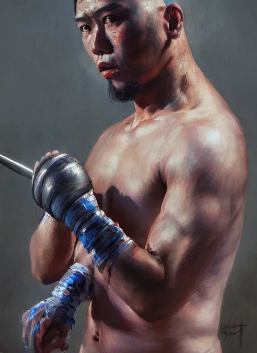 Image similar to greg manchess side portrait of a filipino mma fighter struck by a sword, organic painting, sunny day, matte painting, bold shapes, hard edges, street art, trending on artstation, by huang guangjian, gil elvgren, ruan jia, randy vargas, greg rutkowski