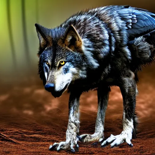 Image similar to mixture between an crow and! wolf, photograph captured in a dark forest, realistic