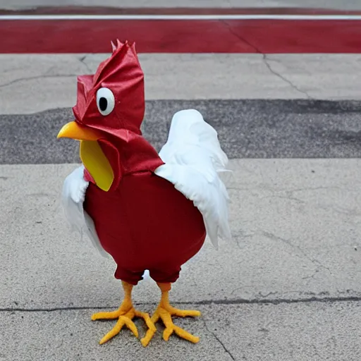 Image similar to chicken wearing inmate suit