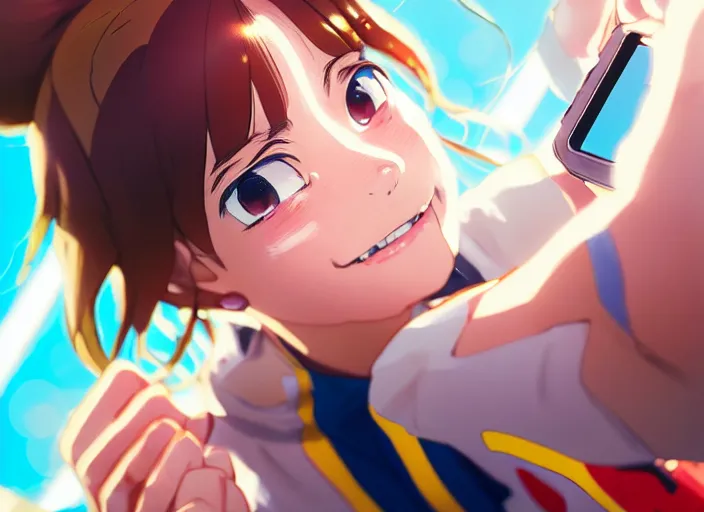 Image similar to closeup portrait of ochaco uraraka from my hero academia taking a selfie with her shoe collection, sunny, bright, reflections, intricate, sharp focus, lens flare, bloom, illustration, highly detailed, digital painting, concept art, matte, art by ruan jia and wlop and greg rutkowski, masterpiece