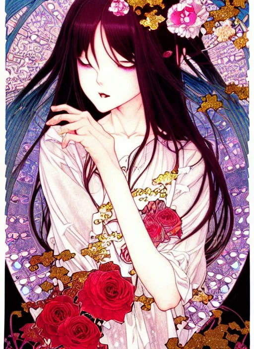 Image similar to exquisite imaginative manga poster art of a vampire girl, roses, pearlescent, shimmering, reflective, rim light, detailed background, by kojima ayami, akihiko yoshida, minaba hideo, alphonse mucha, art nouveau, illustration, artstation, concept art, highly detailed, colorful, maximalist