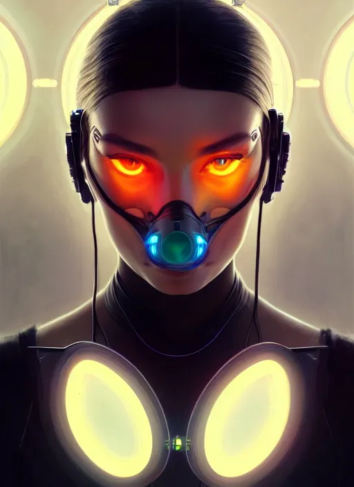 Image similar to symmetry portrait of a very beautiful caucasian young cyberpunk woman wearing a filter mask, sci - fi, tech wear, glowing lights intricate, elegant, highly detailed, digital painting, artstation, concept art, smooth, sharp focus, illustration, art by artgerm and greg rutkowski and alphonse mucha