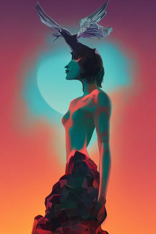 Prompt: 3 d, sci - fi, morning, raven bird standing on a headless woman body, sun, cinematic, lightning clouds, vogue cover style, copper and deep teal mood, figurative art, poster art. style by pixar, petros afshar, christopher balaskas, goro fujita, and rolf armstrong.