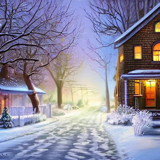 Image similar to street with cottage inspired by Evgeny Lushpin,winter,nighttime,cinematic,art station