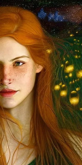 Image similar to infp woman, smiling, amazed by golden fireflies lights, sitting in the midst of nature fully covered, long loose red hair, intricate linework, green eyes, small nose with freckles, oval shape face, realistic, expressive emotions, dramatic lights, hyper realistic ultrafine art by artemisia gentileschi, albert bierstadt, artgerm