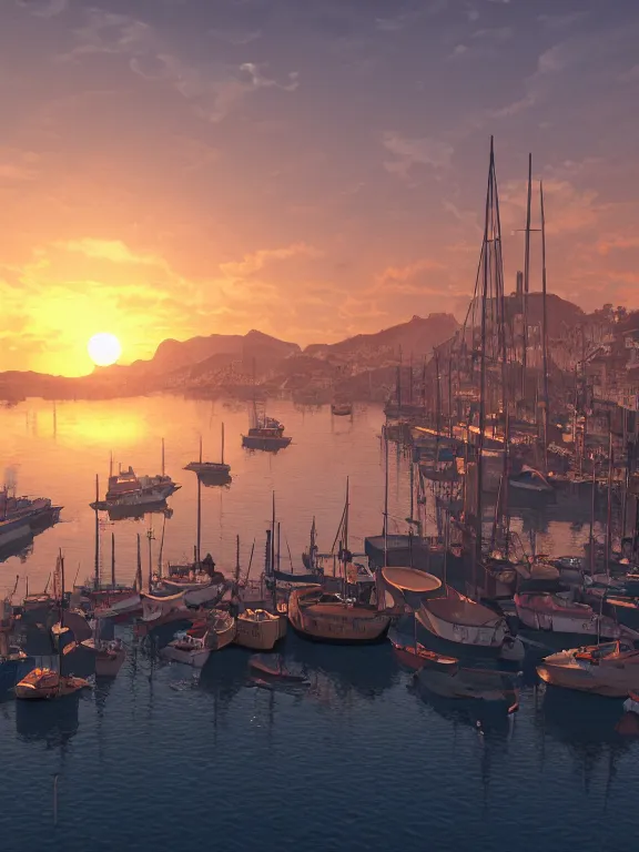 Prompt: photo of 8k ultra realistic harbour, port, boats, sunset, beautiful light, golden hour, full of colour, cinematic lighting, battered, trending on artstation, 4k, hyperrealistic, focused, extreme details,unreal engine 5, cinematic, masterpiece, art by studio ghibli