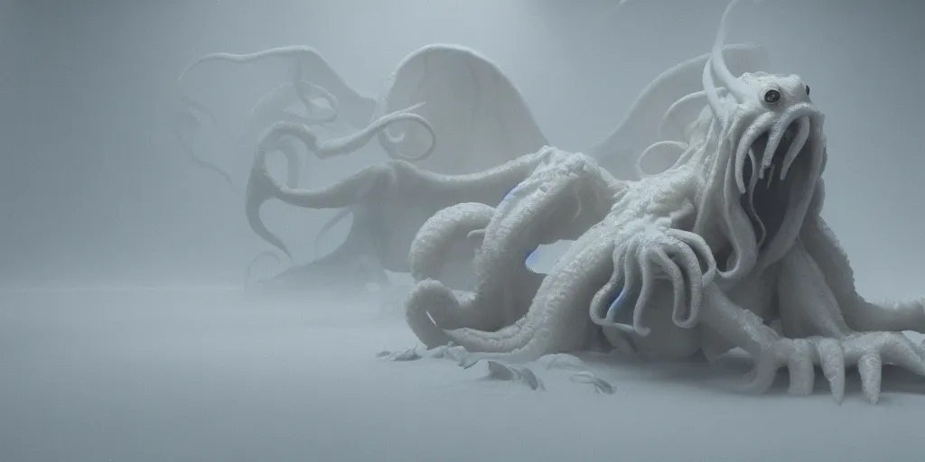 Image similar to a cthulhu in a white room, white fur, cinematic lighting, reflective floor, trending on artstation