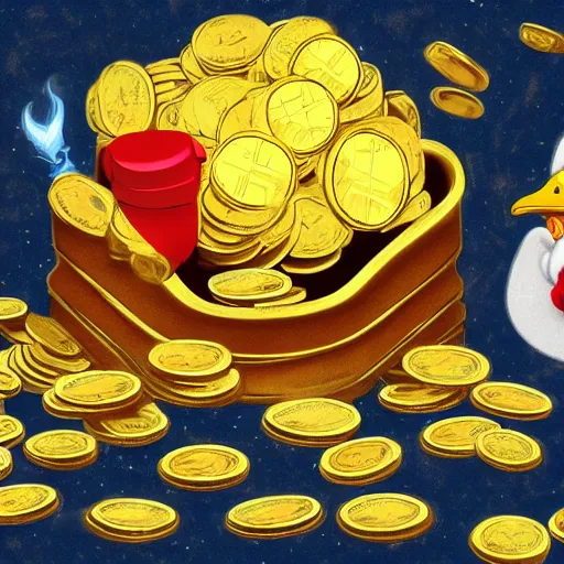 Image similar to scrooge mcduck the money bin filled with piles of gold coins and magic artifacts, artstation