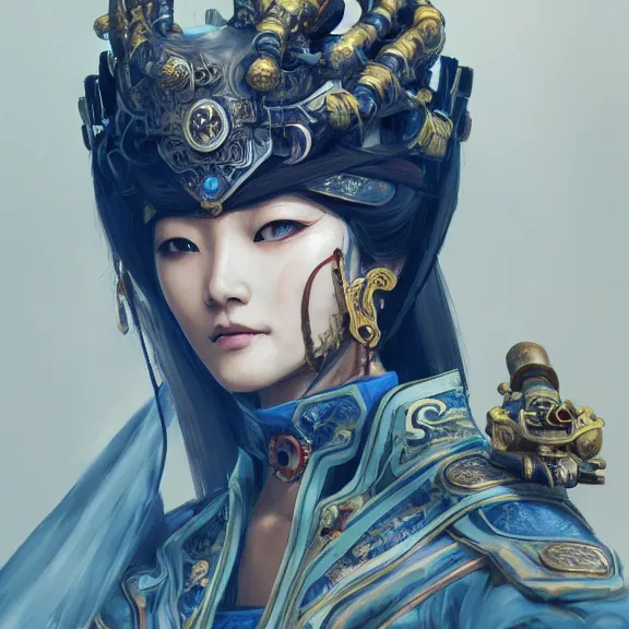 Image similar to ancient chinese princess with steampunk mask, dynasty warriors, elegant, unreal engine, 8 k, blue color scheme, headshot, highly detailed, smooth, ink painting, artstation, concept art, in style of yoji shinkawa, pan ren wei, col price, atey ghailan, by greg rutkowski, aesthetic