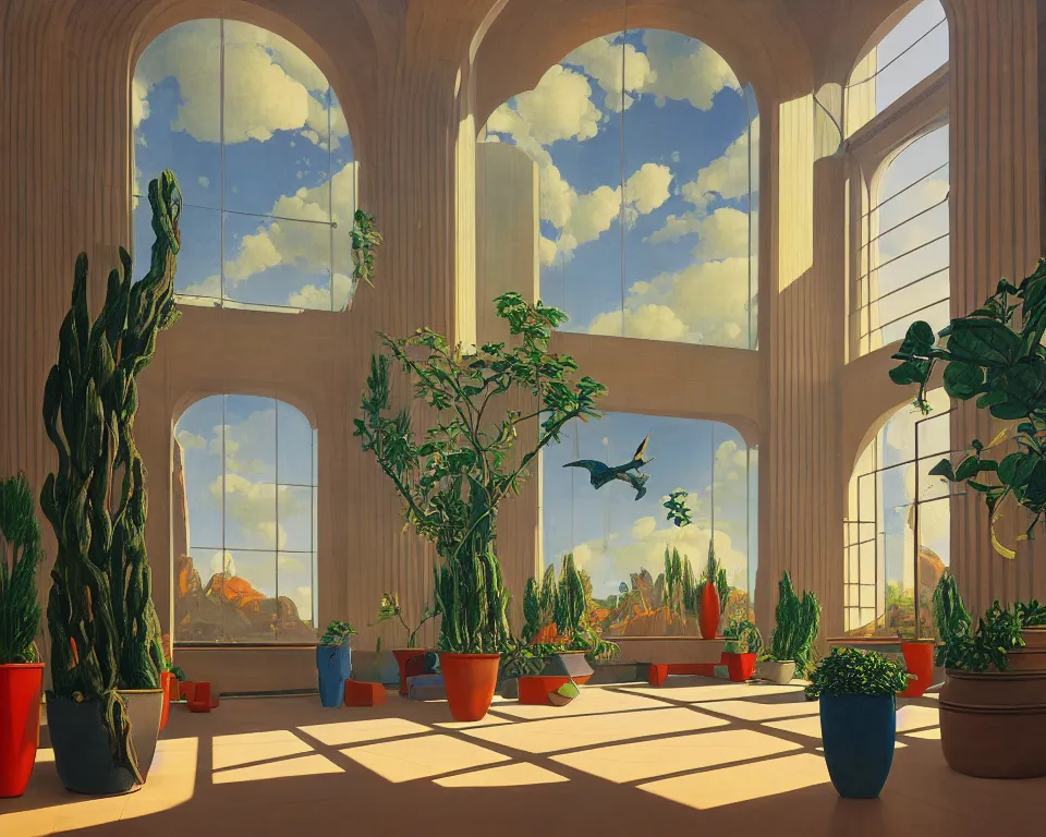 Prompt: an achingly beautiful print of the interior of a futuristic art museum with vibrant paintings on the walls, classical antiquities on display, and small potted plants by Raphael, Hopper, and Rene Magritte. detailed, romantic, enchanting, trending on artstation.