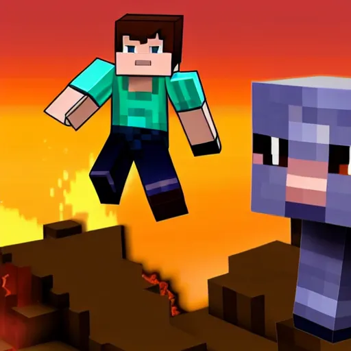 Image similar to minecraft steve jumping into lava holding cow