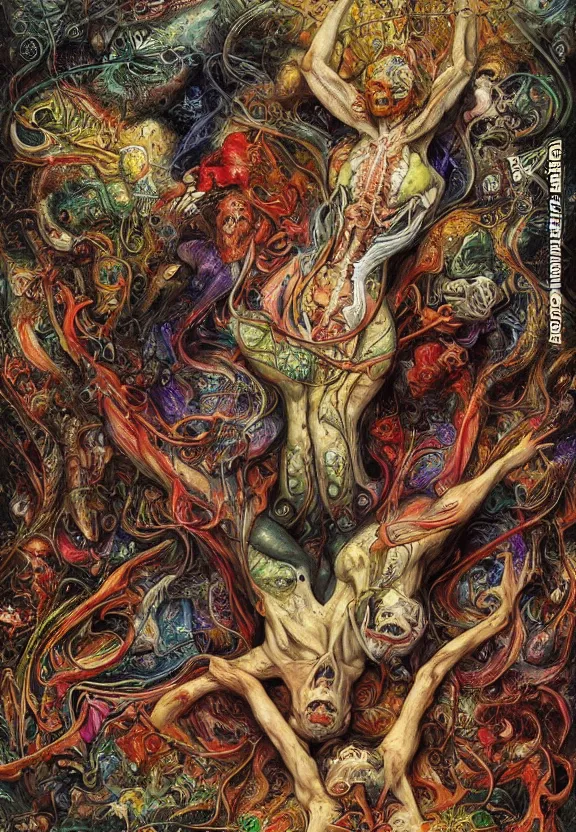 Image similar to simplicity, colorful muscular eldritch bodies and bones radiating from fractal, mandala, white bones, colorful gems, brush pen, by h. r. giger and esao andrews and maria sibylla merian eugene delacroix, gustave dore, thomas moran, pop art, chiaroscuro, biopunk, art nouveau