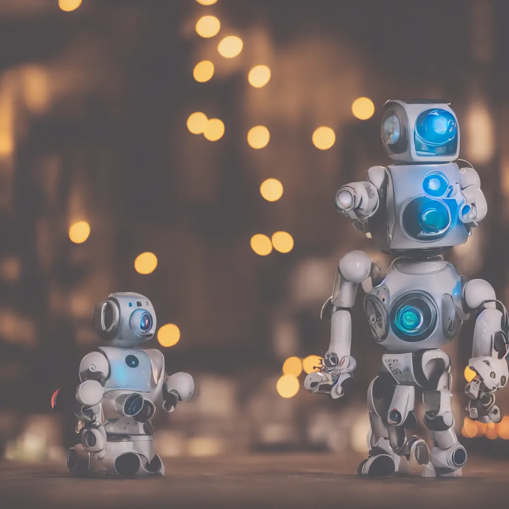 Image similar to high quality presentation photo of a retro toy robot with glowing eyes, photography 4k f1.8 anamorphic bokeh 4k Canon Nikon