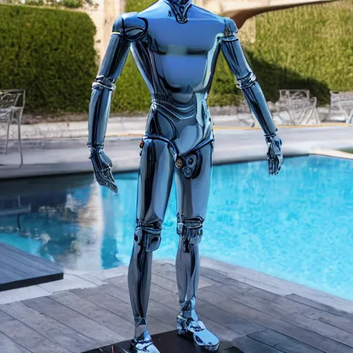 Image similar to a realistic detailed photo of a guy who is an attractive humanoid who is half robot and half humanoid, who is a male android, french presenter cyril gossbo, shiny skin, posing like a statue, blank stare, by the pool, on display, showing off his muscles, humanoid robot, frozen ice statue