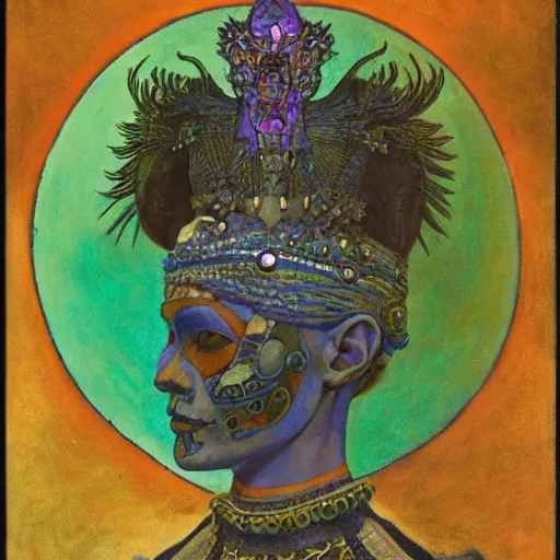 Image similar to the bone crown, the crow crown, by Annie Swynnerton and Nicholas Roerich and Diego Rivera, bioluminescent skin, elaborate costume, geometric ornament, symbolist, cool colors like blue and green and violet, smooth, sharp focus, extremely detailed