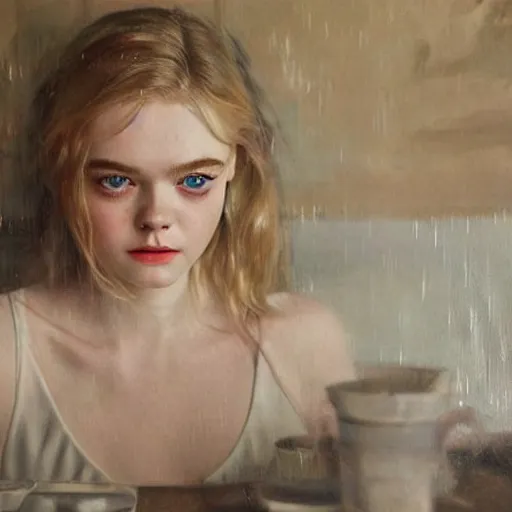 Image similar to Elle Fanning at a diner, head and shoulders portrait, stormy weather, extremely detailed masterpiece, Roger Deakin’s cinematography, oil on canvas, Johannes Vormeer,