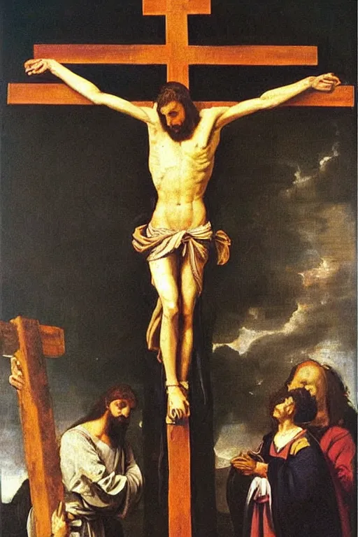 Prompt: “ garfield the cat on the cross in the painting ‘ christ crucified ’ by diego velazquez ”