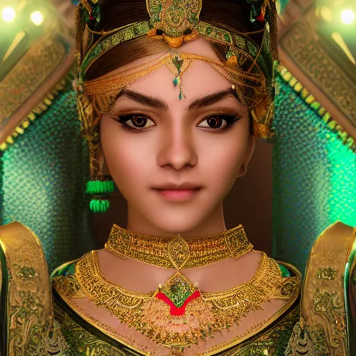 Image similar to photograph of wonderful princess with smooth fair skin, hindi, green jewelry, breathtaking, elegant, ornate, intricate, hyper detailed, accent lighting, dramatic light, 4 k octane render