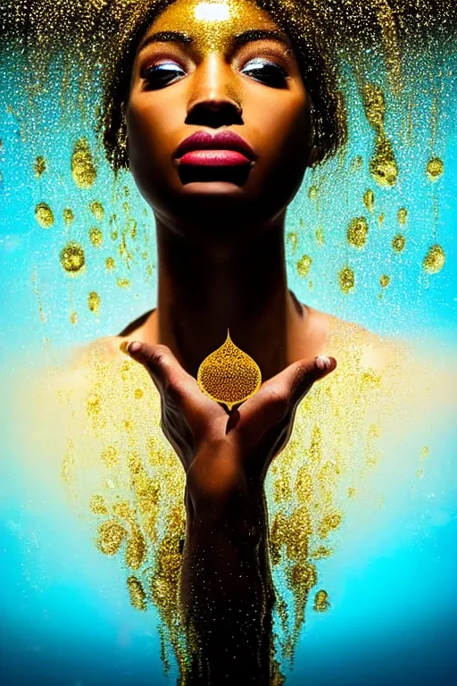 Prompt: hyperrealistic post - futurist cinematic very expressive! profile black oshun goddess, in water!! up to shoulders, mirror dripping droplet!, gold flowers, highly detailed face, digital art masterpiece, smooth eric zener cam de leon, dynamic pearlescent turquoise light, low angle uhd 8 k, sharp focus