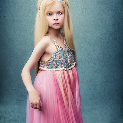 Prompt: a beautiful young princess with long blonde hair and blue eyes wearing a sleeveless elaborately beaded pink dress, high resolution film still, 8k, HDR color, film by Simon Langton and David Frankel