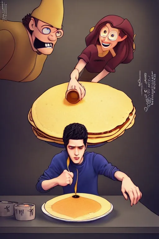 Prompt: pete davidson making pancakes, animation pixar style, by pendleton ward, magali villeneuve, artgerm, rob rey and kentaro miura style, golden ratio, trending on art station