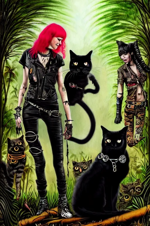 Prompt: punk rock girls making selfie with black cats in jungle , 1980 style, mad max jacket, post apocalyptic, renaissance, highly detailed, digital painting, 4k, oil painting by Leonardo Da Vinci, hyper realistic style, fantasy by Olga Fedorova