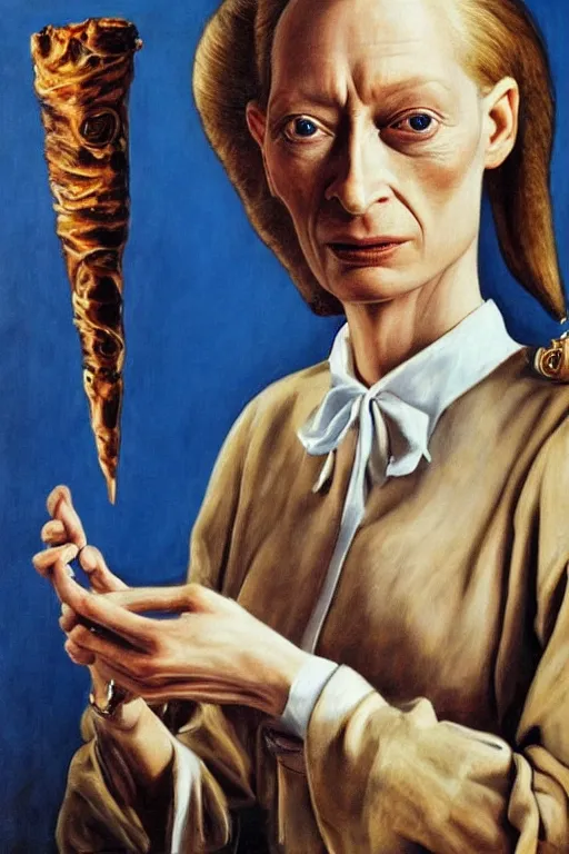 Prompt: a photorealistic caricature portrait of tilda swinton as assumpta corpuscularia lapislazulina smocking a cuban cigar by salvador dali, oil painting, surrealism, masterpiece!!, hyperdetailed