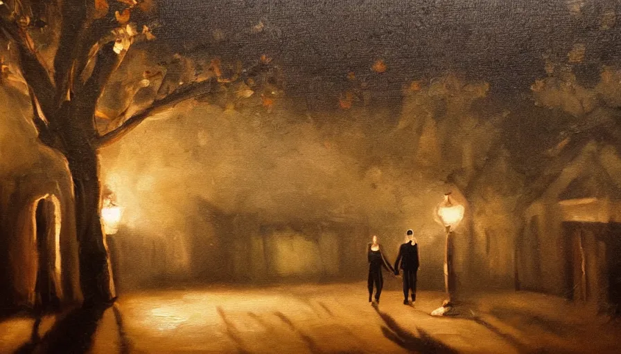 Prompt: oil painting, young lovers leaving together, cinematic lighting, wow, establishing shot