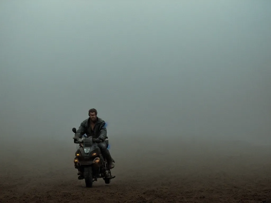 Image similar to farmer riding his flying machine to harvest crops at a vertical farm in blade runner 2 0 7 2, cinestill, denis villeneuve, atmospheric, morning light, foggy, distant, futuristic, muddy and dirty, ultra - hd, ultra - realistic