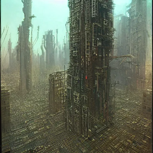 Image similar to giant dystopian cyberpunk city, stretching very far, apocalyptic, beksinski art style