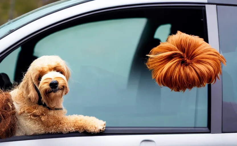 Image similar to a dog sitting in a car, looking out of the window and his hair is flying in the wind, 8 k