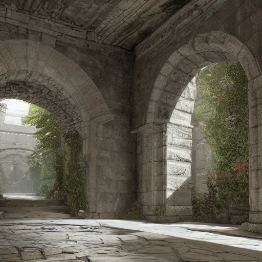 Image similar to a corridor in a stone building with trees on either side, a detailed matte painting by senior environment artist, cgsociety contest winner, fantasy art, unreal engine 5, cryengine octane render