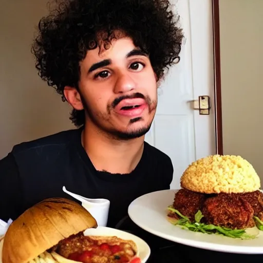 Image similar to curly haired mixed Hispanic 20 year old with a huge underbite looks in awe at a gigantic feast in front of him