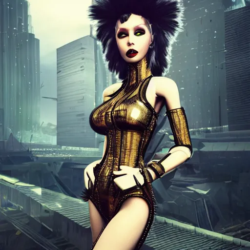 Image similar to Ultrarealist aesthetic detailed face portrait of a dollpunk wearing Abstract tech bodysuit, in front of a ruined city, epic exquisite character art, focus, looking at camera, accurate symmetric features proportions, golden ratio, ultra intricate details, award winning, unreal render