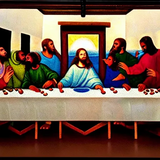 Image similar to the last supper but with famous african american, painting, on display